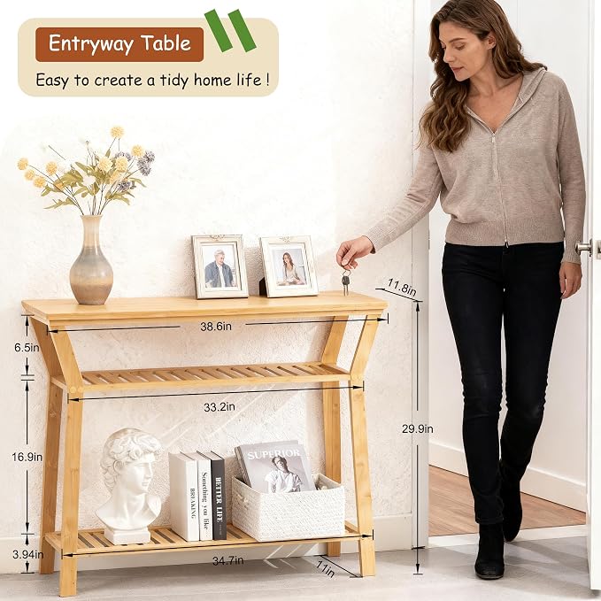 Nnewvante Bamboo Console Table, 38.6" Entryway Table - Image 2