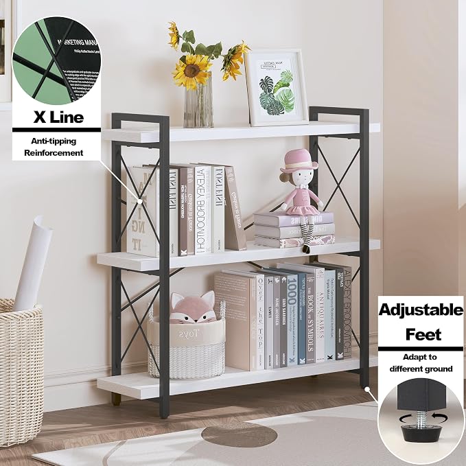 HCHQHS Bookshelf, 3-Tier Industrial Bookcase, Open Book Shelf, Freestanding - Image 3