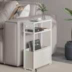 Leomonio White Side Table with Charging Station, Slim End Tables with Linen by Leomonio