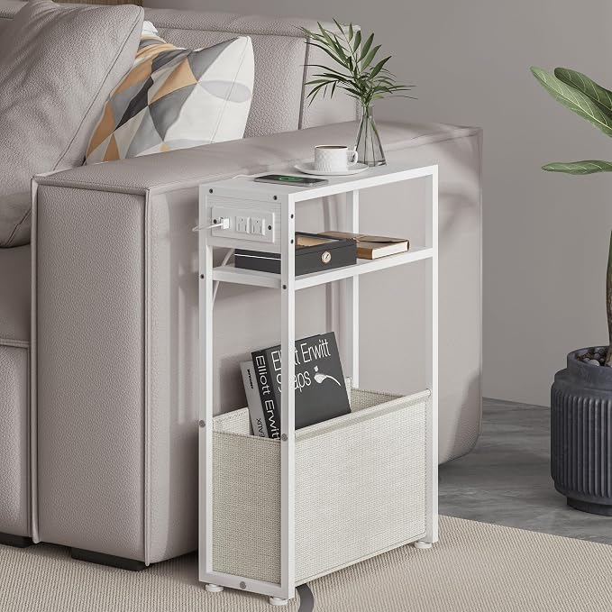 Leomonio White Side Table with Charging Station, Slim End Tables with Linen by Leomonio