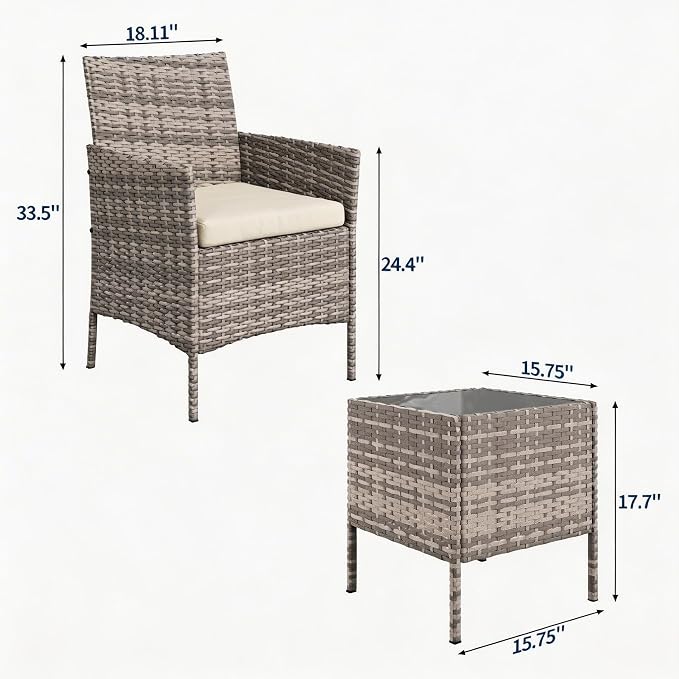 3-Piece Outdoor Furniture Set, PE Rattan Wicker Chairs - Image 2