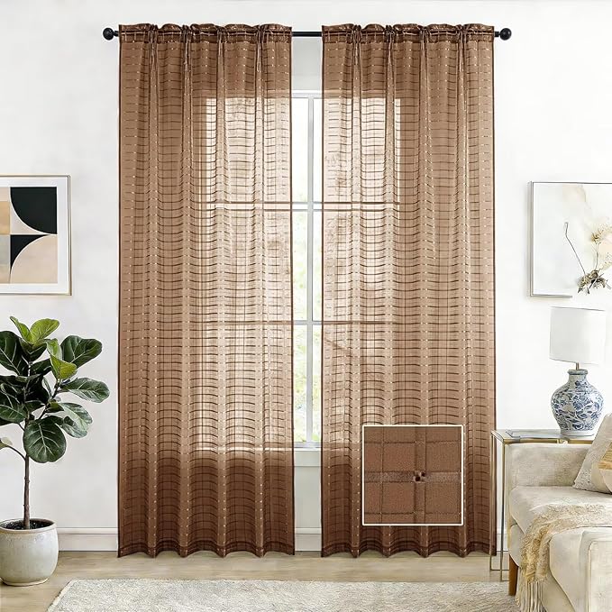 SpaceDresser Check Sheer Curtains 84 Inches Long by SpaceDresser