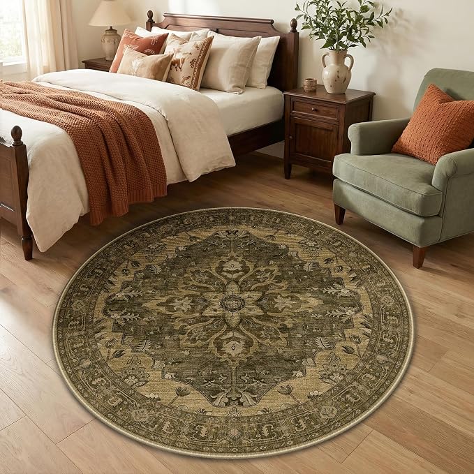 RELEANY Washable Area Rug, Round 4ft, Water Repellent, Pet Friendly, Vintage by RELEANY