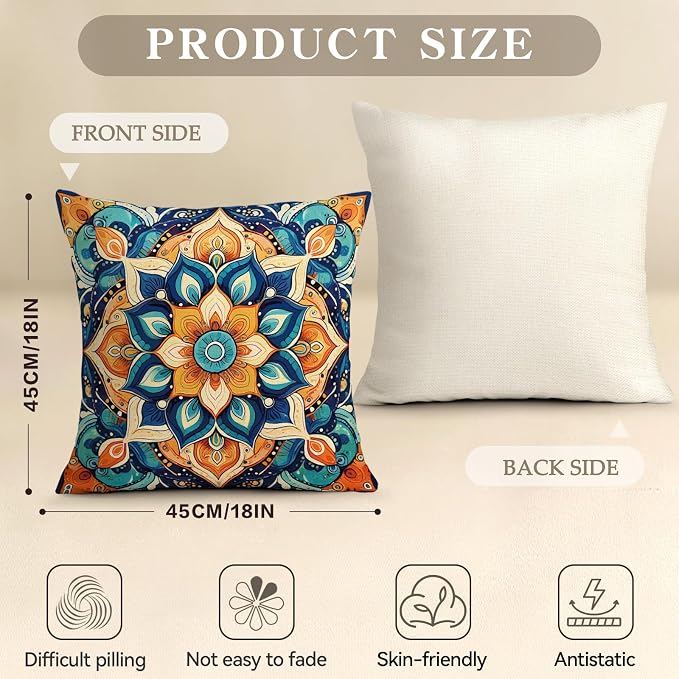 OBSEDE Boho Mandala Throw Pillow Covers Set of 4, 18x18 Inch Blue and Orange - Image 3