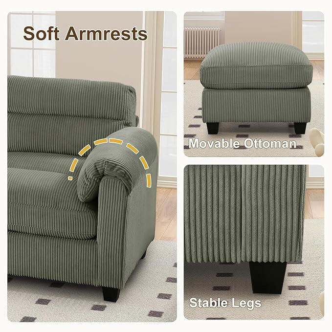 HAOMARKETS Corduroy 4-piece Sofa Set, Upholstered Ottoman, Loveseat 2-Seater - Image 4