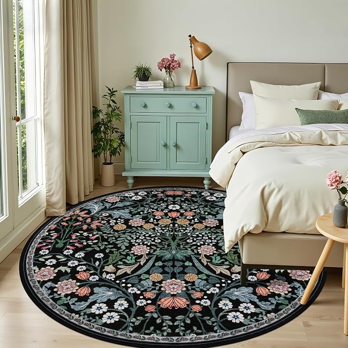 PLHXFR Round Area Rug Living Room: 8 ft Floral Washable Carpet Dark Black | - Image 2
