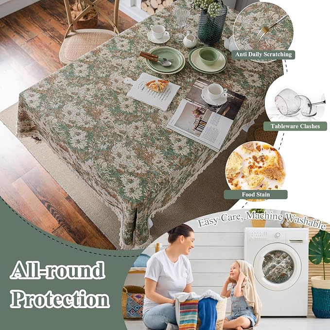 Aesthetic Green and Beige Floral Table Cloth, Linen Texture Table Cloth - Image 4