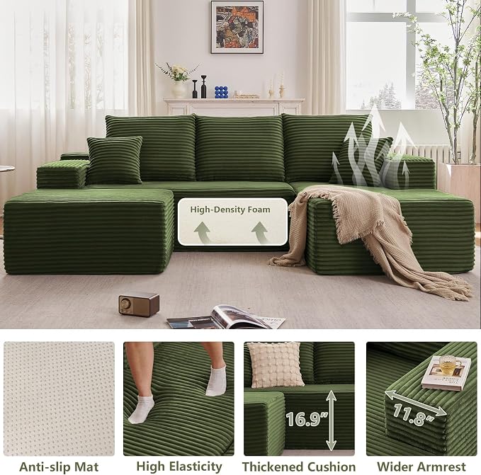 107" Comfy U-Shaped Sectional Modern Boneless Corduroy Couch - Image 4