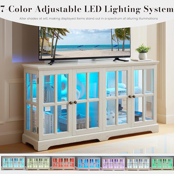 59" W LED Curio Cabinet with 7 Color Lights, Vintage Glass Display Case with - Image 3
