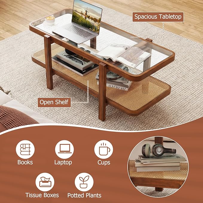 Giantex Rattan Coffee Table, 47.5" Rectangle Solid Wood Tea Table w/Tempered - Image 3