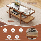 Giantex Rattan Coffee Table, 47.5" Rectangle Solid Wood Tea Table w/Tempered - Image 3