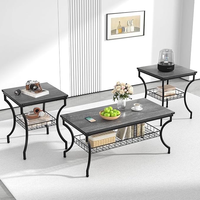 VECELO 3 Pieces Living Room Table Sets, Coffee and End Tables by VECELO