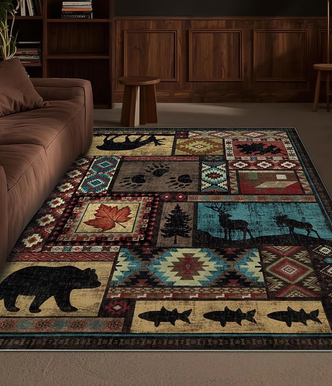 Rustic Cabin Area Rug 4x6, Machine Washable Lodge Bear Rug, Non-Slip Low Pile - Image 4