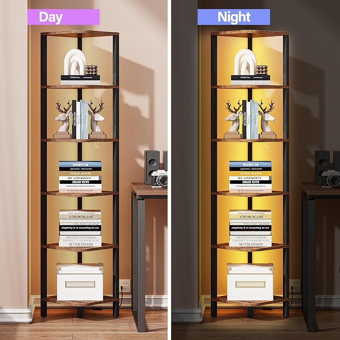 TUTOTAK Corner Shelf with LED Light, 6-Tier Corner Bookshelf - Image 5