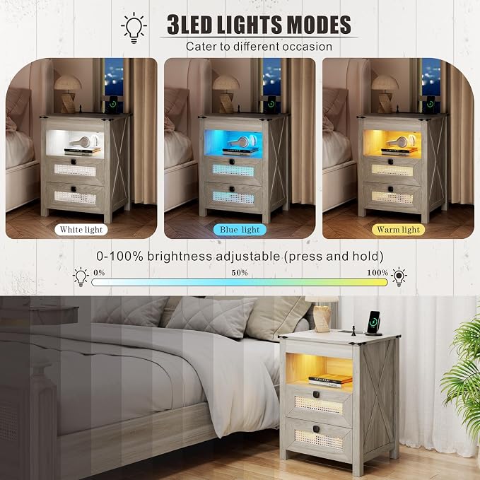 Night Stand with Gun Drawer, Bedside Table with Charger Station & LED Human - Image 4