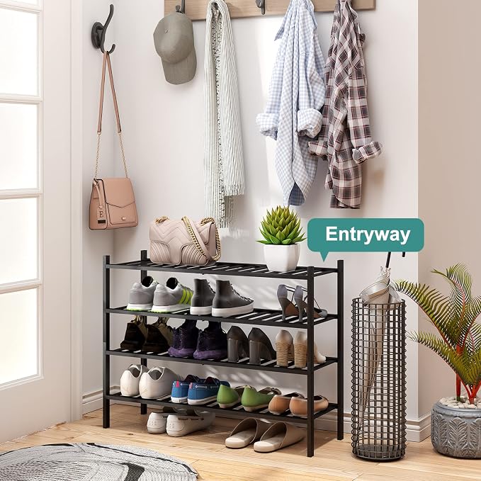 viewcare Black 4-Tier Long Shoe Rack, Bamboo Wood - Image 2