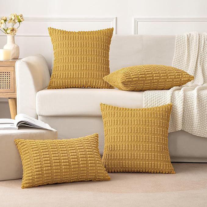 MIULEE Corduroy Decorative Throw Pillow Covers 18x18 Yellow Pack of 2 | Soft - Image 5