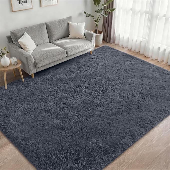 Area Rug Living Room Bedroom: 5x7 Fluffy Plush Shag Carpet Grey | - Image 2