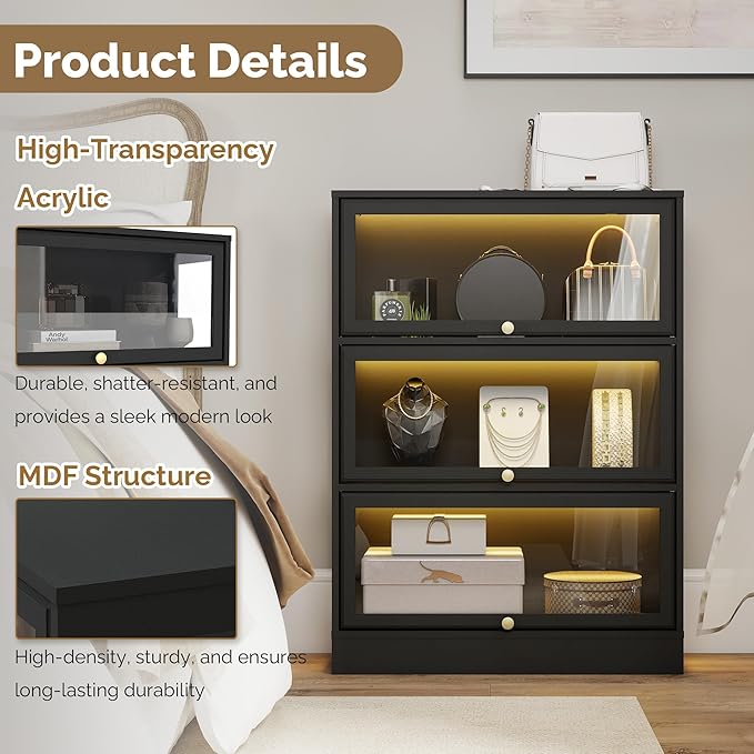 Display Cabinet with Acrylic Glass Doors, 3-Tiers Curio Cabinet with LED - Image 6