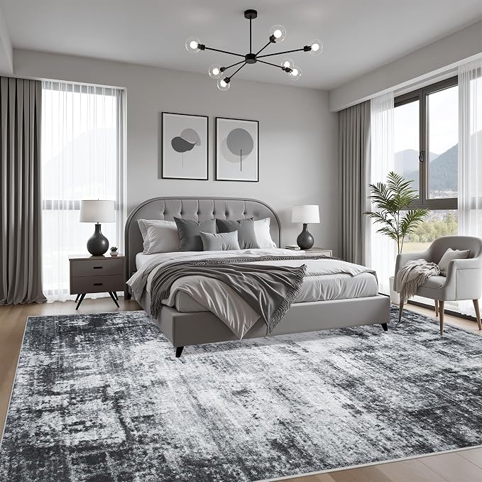 10x12 Area Rug Living Room: Modern Washable Soft Carpet Dark Black | - Image 3