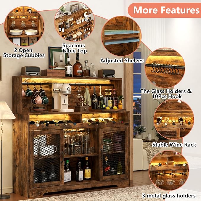 Loomie Wine Bar Cabinet with LED Light, Liquor Cabinet with Glass Holder - Image 8