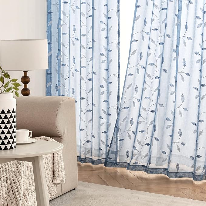 MIULEE Dusty Blue Sheer Curtains 2 Panels Leaf Patterned, W52 x L84 | - Image 3