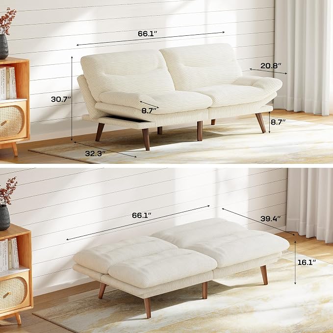 Marsail 66" Futon Sofa Bed, Convertible Corduroy Futon Couch - Image 2