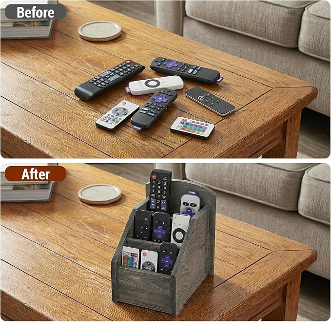 MyGift Rustic Dark Gray Wood Remote Control Holder Organizer Caddy - Image 2