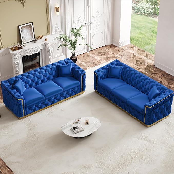 84.6" Luxury Chesterfield Sofa Velvet Tufted Sofa Black and Gold Couch - Image 9