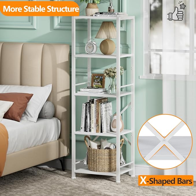 Furologee White Bookshelf 5 Tier Bookcase, Tall Narrow Bookshelves, Modern - Image 4