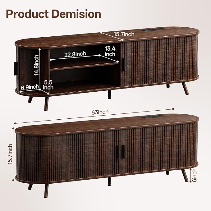 63 inch TV Stand with Power Outlet, Fluted Entertainment Center - Image 2