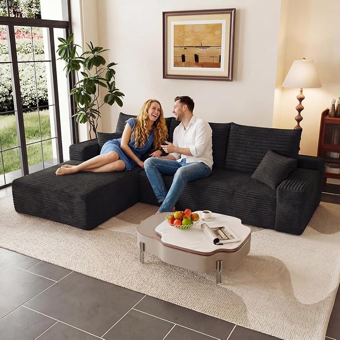 107.5" Cloud Sectional Couch L-Shaped Chaise, Comfy Corduroy Boneless Couch by ODUWA