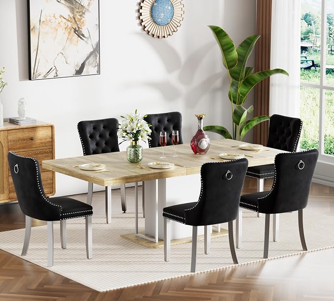 Henf 63"-79" Dining Table Set for 6, 7 Pieces Extendable Dining Table and 6 by Henf