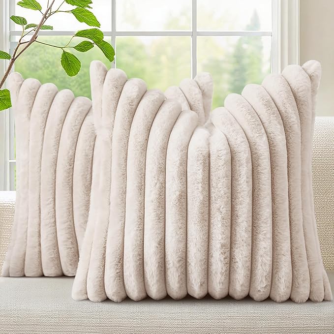 decorUhome Fall Faux Fur Throw Pillow Covers 24x24 Set of 2 Beige | Decorative by decorUhome