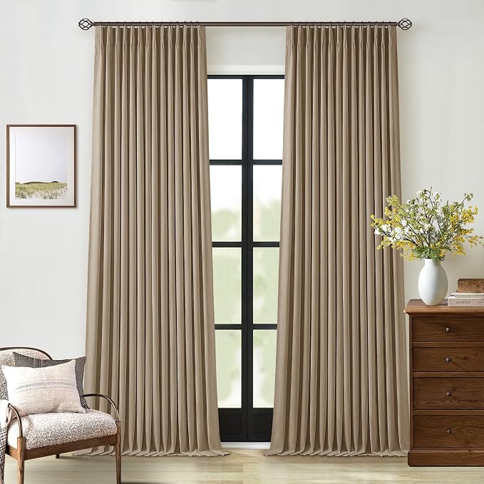Light Brown Pleated Linen 100% Blackout Curtains 90 Inches Long by Twodrapes