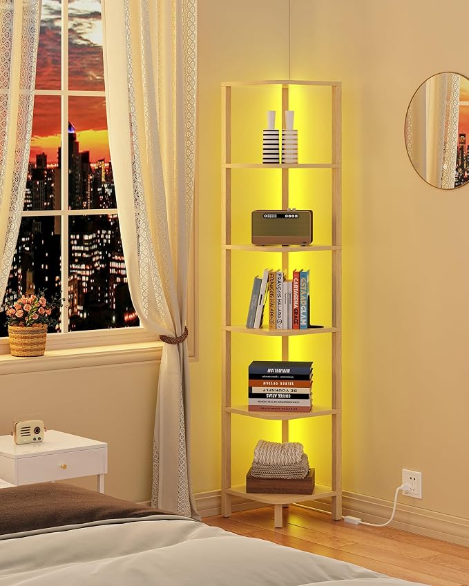 TUTOTAK Corner Shelf with LED Light, 6-Tier Corner Bookshelf - Image 4