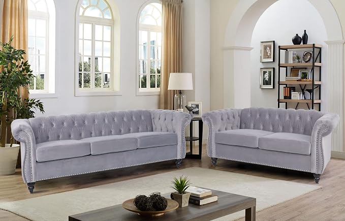 RARZOE Modern 2 Pieces Living Room Sofa Set, Contemporary Tufted Button Velvet by RARZOE