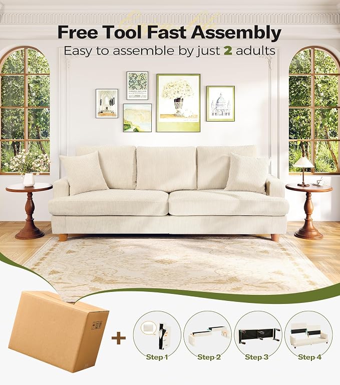 87in Corduroy Couch, Kidirect Sofa No Tool Assembly, Comfy Couches - Image 9