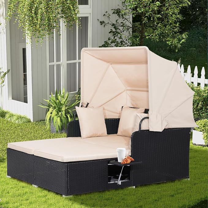 COSTWAY Outdoor Daybed with Retractable Canopy, Patio Rattan Daybed with by COSTWAY
