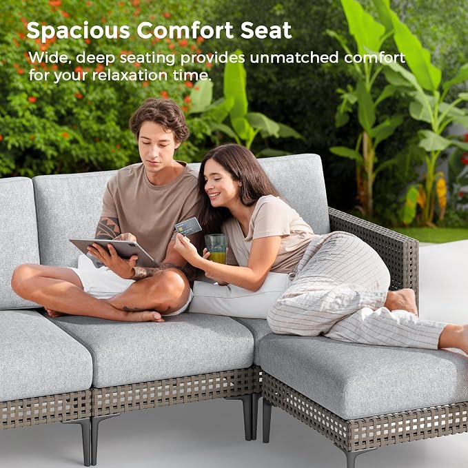 Jocoevol 5 Pieces Outdoor Patio Conversation Set – Rattan L-Shaped Corner Sofa - Image 4
