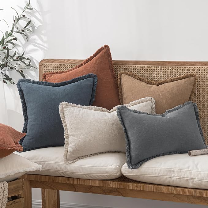 MIULEE Boho Linen Fringe Decorative Throw Pillow Covers Grey 18x18 | Set of 2 - Image 7