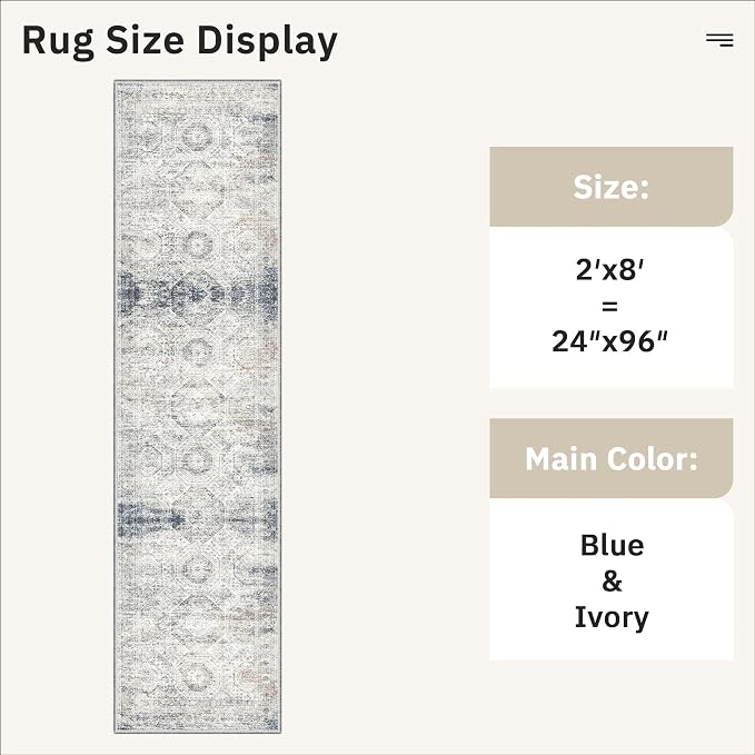 Soalmost Runner Rug 2x8 Washable Hallway Kitchen Runners Blue/Ivory | Non-Slip - Image 5