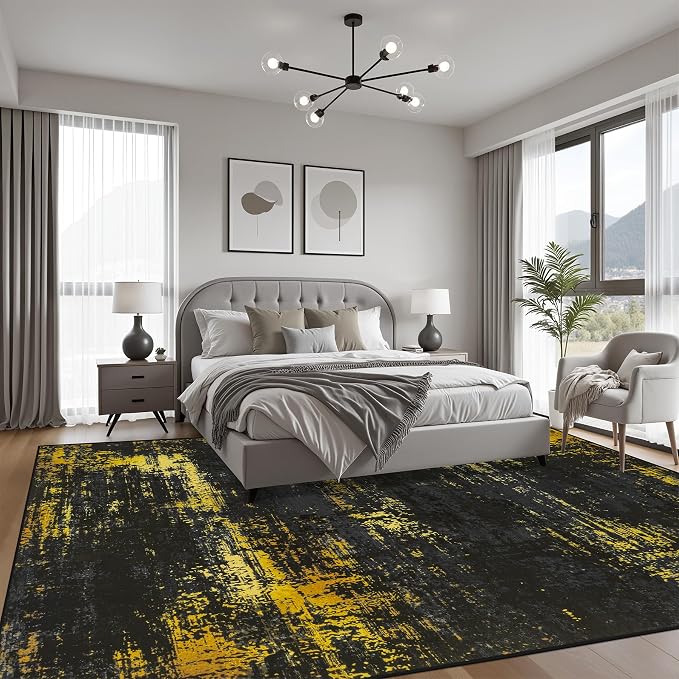 8x10 Area Rug Living Room: Modern Washable Soft Carpet Black Gold | - Image 3