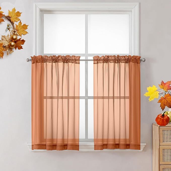 Orange Sheer Curtains 36 inches Long, Short Kitchen Window Treatment Solid by OVZME