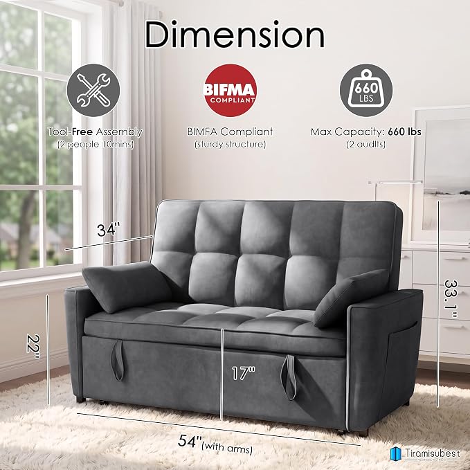 54'' Sleeper Sofa Bed, Convertible Pull Out Couch Futon - Image 2