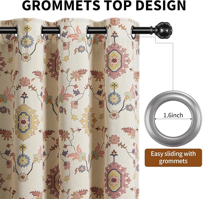Boho Floral 100% Grommet Blackout Curtains 84 Inch 2 Panels | Colorful Bohemian - Image 4