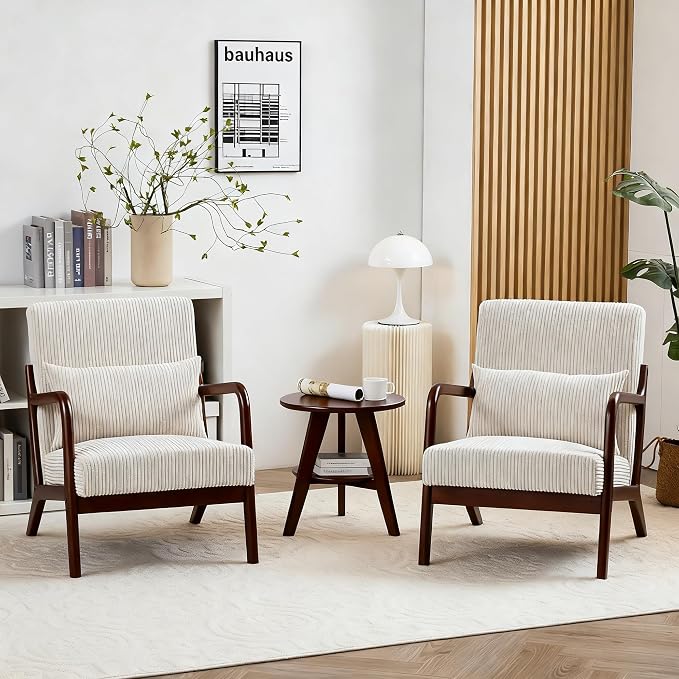 Mid Century Modern Accent Chairs Set of 2, Upholstered Corduroy Armchairs - Image 8