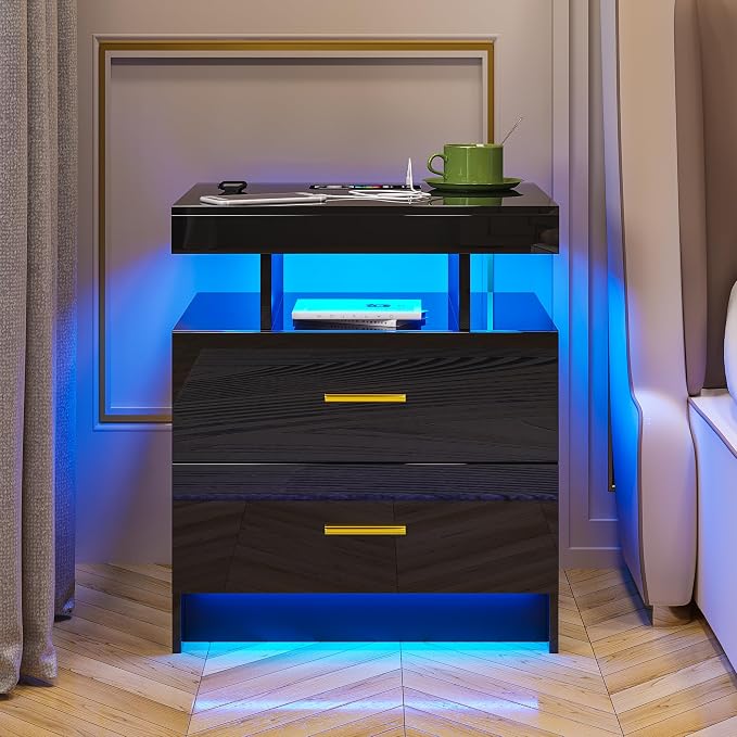 HNEBC Auto LED Nightstands Set of 2, Modern Bedside Table - Image 2