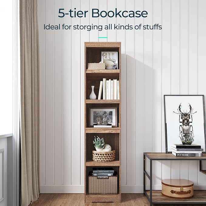 LINSY HOME 5-Shelf Bookcase, Narrow Bookshelves Floor Standing Display Storage - Image 4