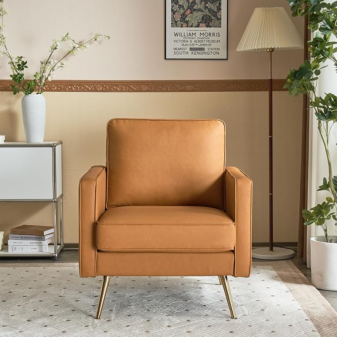 VINGLI PU Leather Accent Chair Brown Mid Century Modern Upholstered Sofa Chairs - Image 8